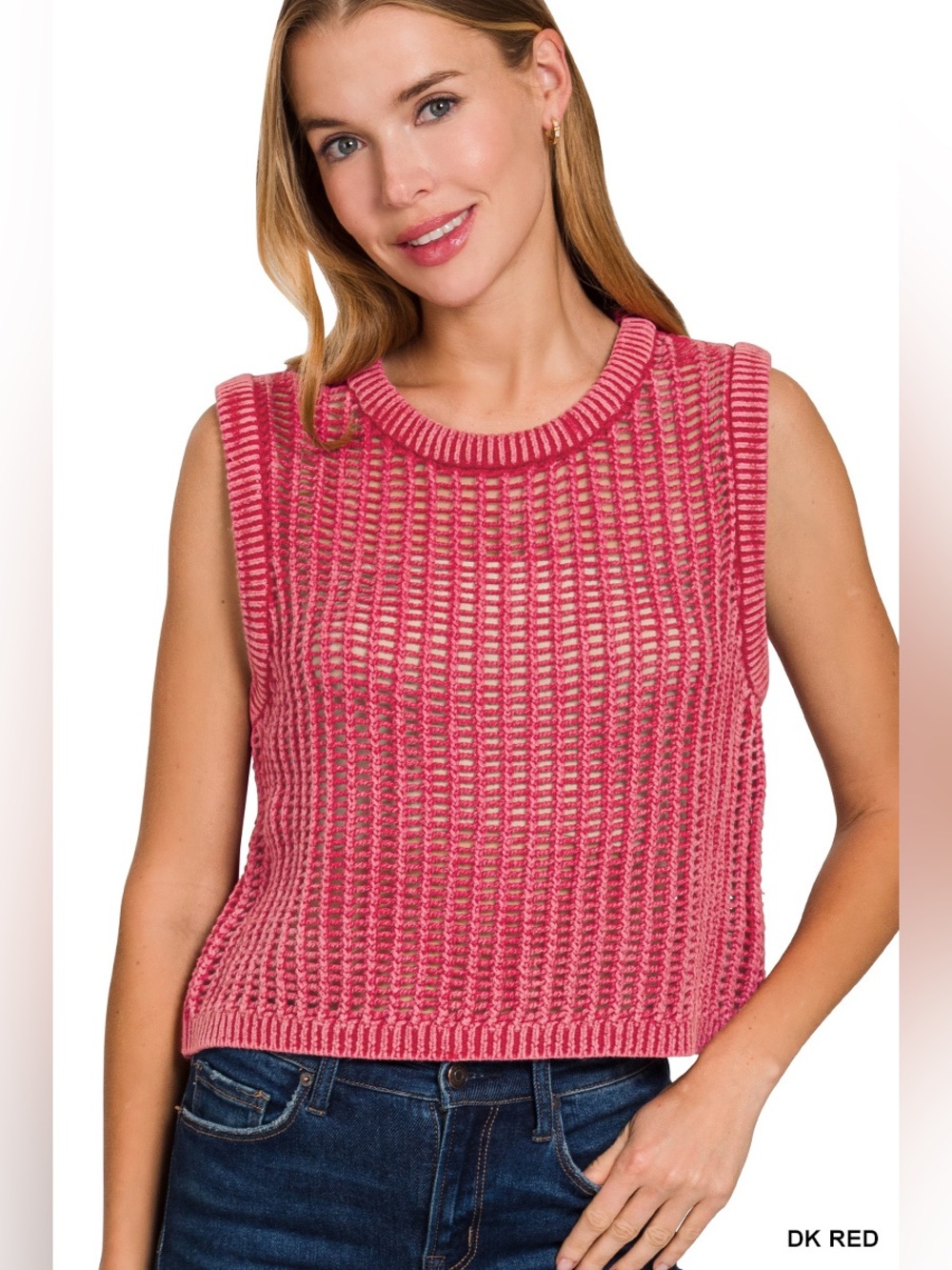 Zenana Dk Red Acid Washed Fishnet Sweater Vest